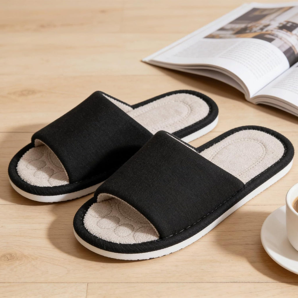Mens Open Toe House Slippers Breathable Slip-on Indoor Slippers with Memory Foam Soft Machine Washable Bedroom Home Shoes