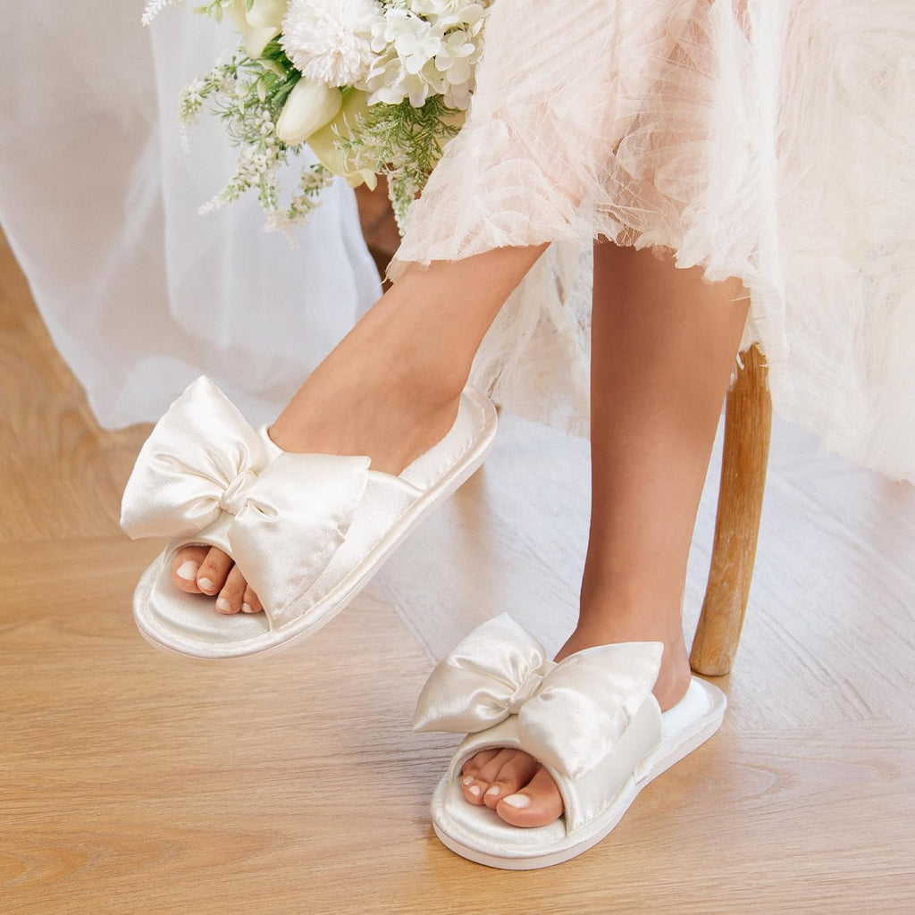 Women's Satin Open-Toe Bow Slippers Memory Foam Indoor Bedroom House Shoes