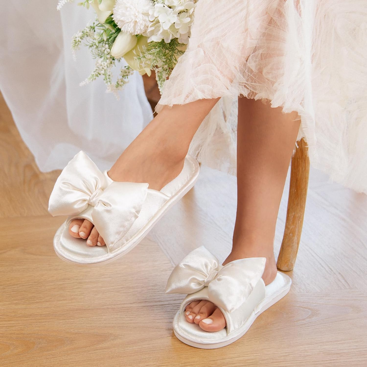 Women's Satin Open-Toe Bow Slippers Memory Foam Indoor Bedroom House Shoes