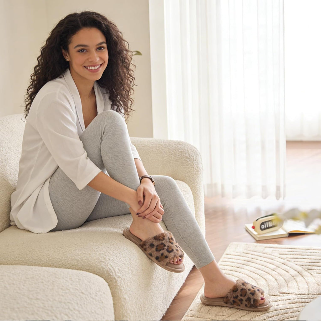 Women's Fuzzy Open-Toe House Slippers with Memory Foam - Leopard Print Cheetah Plush Cozy Cute Slipper Indoor/Outdoor Soft Slip On Slides Gifts for Women Mom Her Ladies
