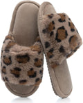 Women's Fuzzy Open-Toe House Slippers with Memory Foam - Leopard Print Cheetah Plush Cozy Cute Slipper Indoor/Outdoor Soft Slip On Slides Gifts for Women Mom Her Ladies