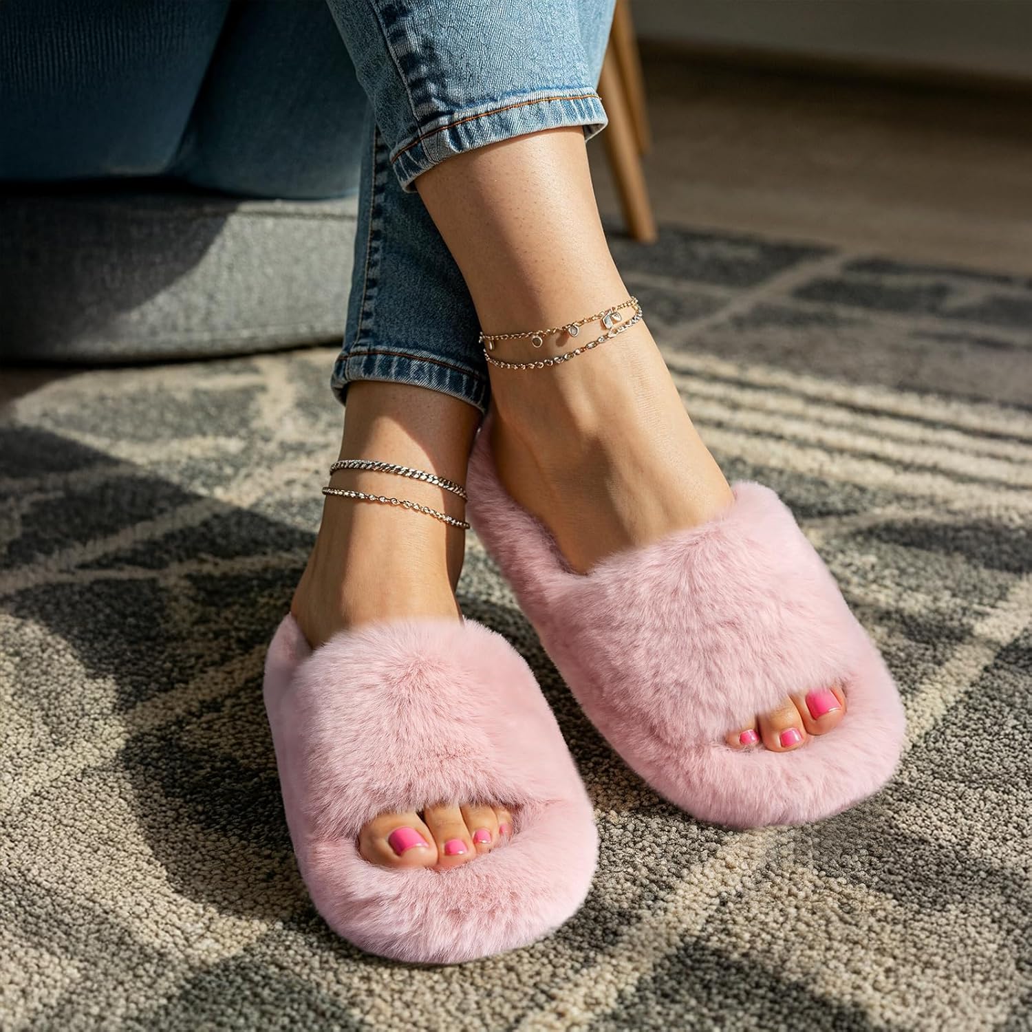 Womens Slippers with Arch Support Memory Foam Fuzzy House Slippers for Women Lightweight Cozy Indoor Open-toe Comfy Birthday Valentine's Day Gifts