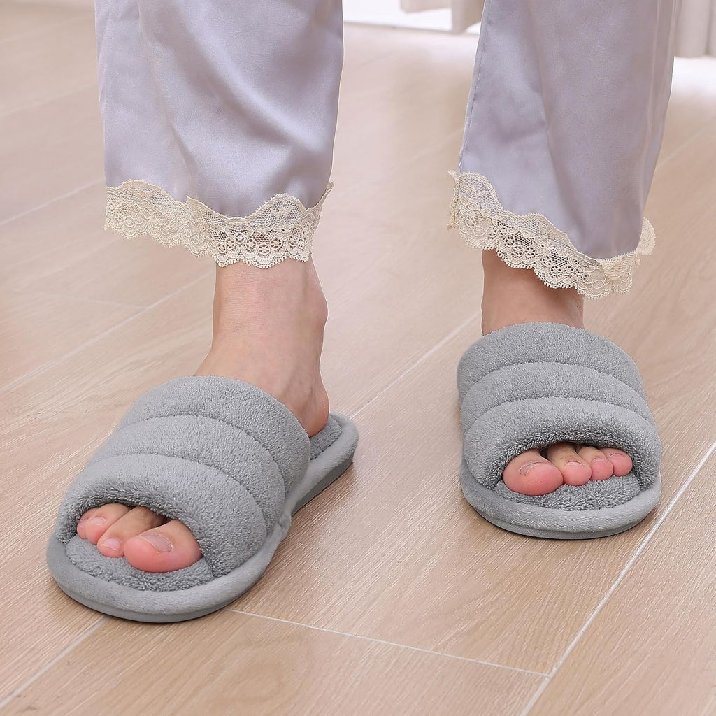 Terry Cloth Open Toe Slippers for Women Memory Foam Slip On House Slippers