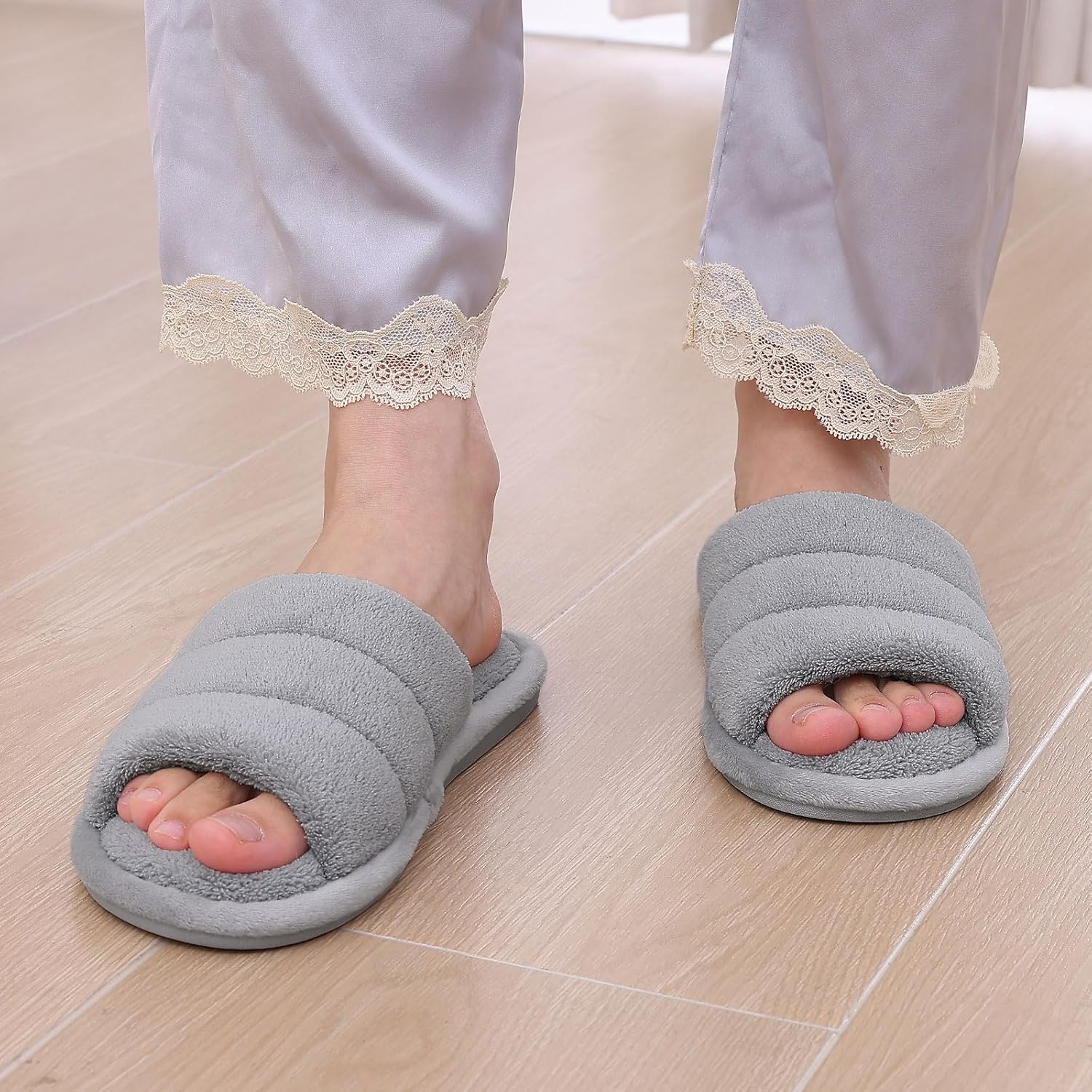 Terry Cloth Open Toe Slippers for Women Memory Foam Slip On House Slippers