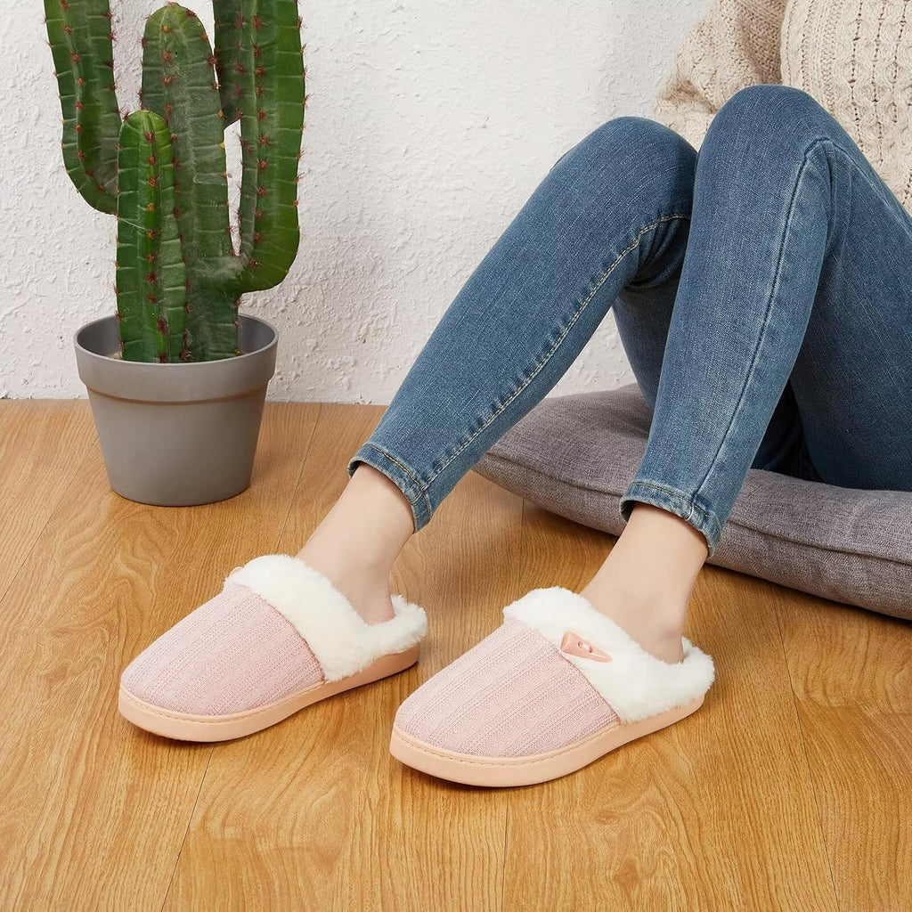 Women's Slip on Fuzzy Slippers Memory Foam House Slippers Outdoor Indoor Warm Plush Bedroom Shoes Scuff with Faux Fur Lining