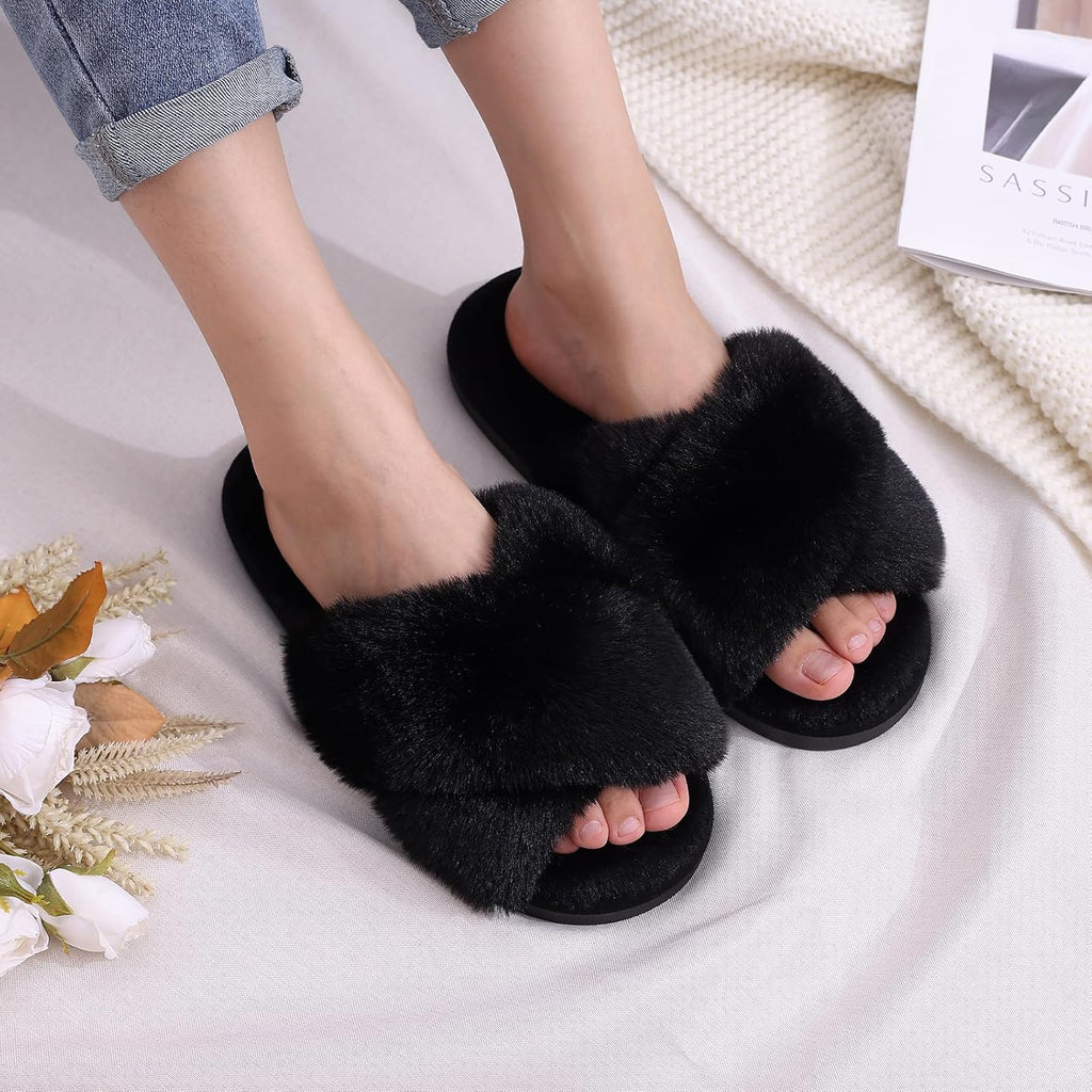 Women's Fuzzy Slippers Cross Band Memory Foam House Slippers Open Toe